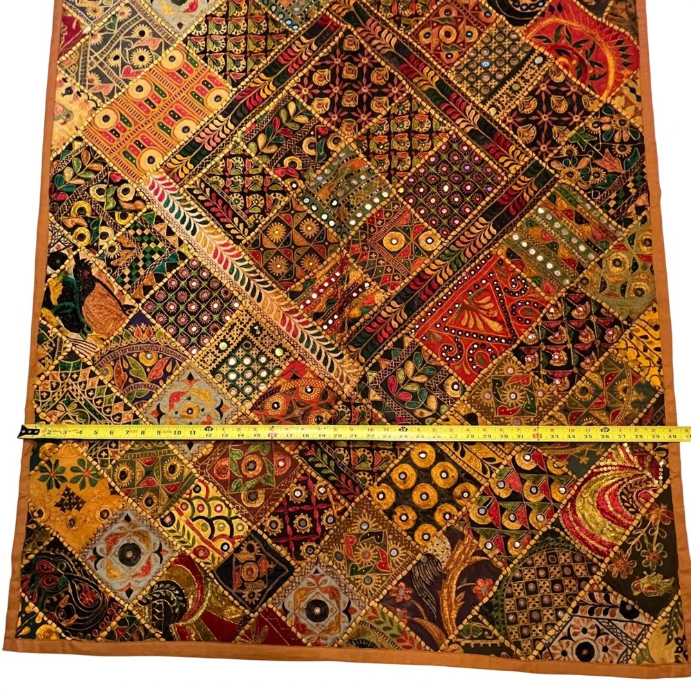 Vintage Indian Sari Patchwork Tapestry Wall Hanging Embroidered Mirror 60x40
